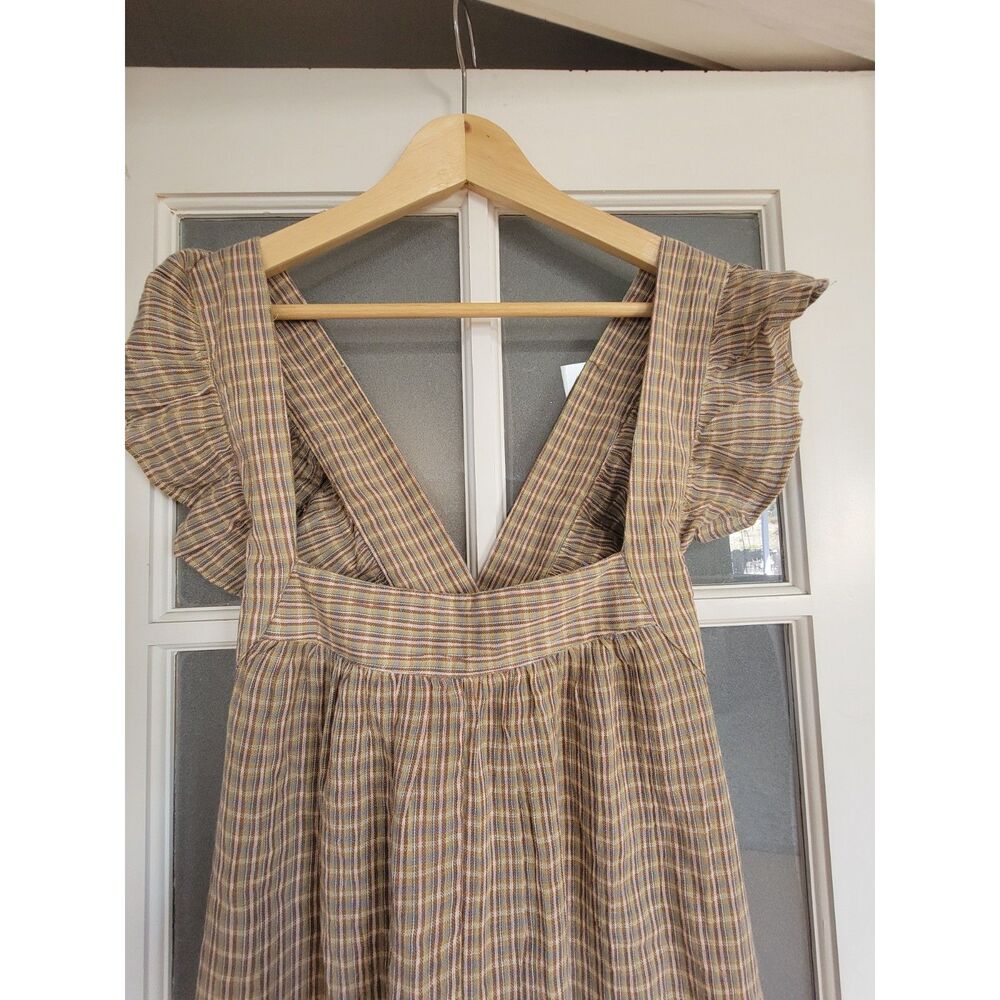 nwt Maison Anana Meris Plaid Ruffle Sleeve Maxi Dress Kaki Small S